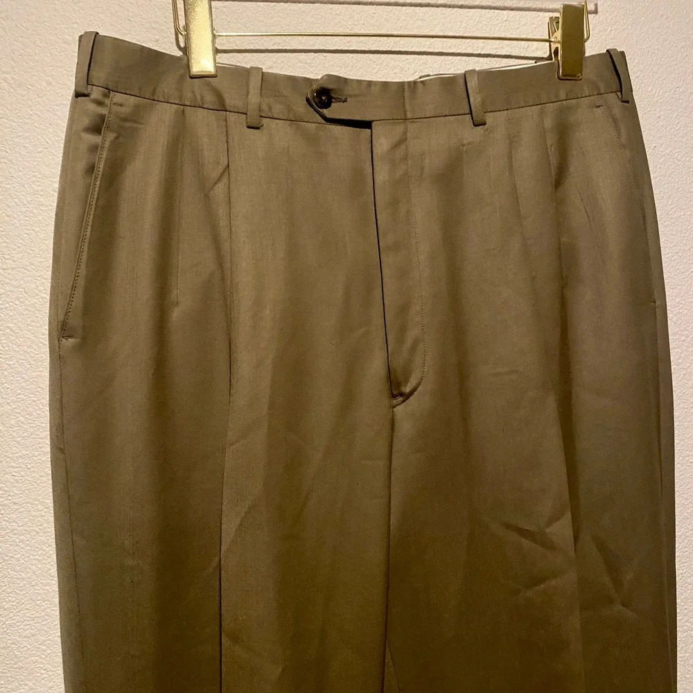 Mens Pleated‎ Dress Pants Olive Green Trousers Career Office
